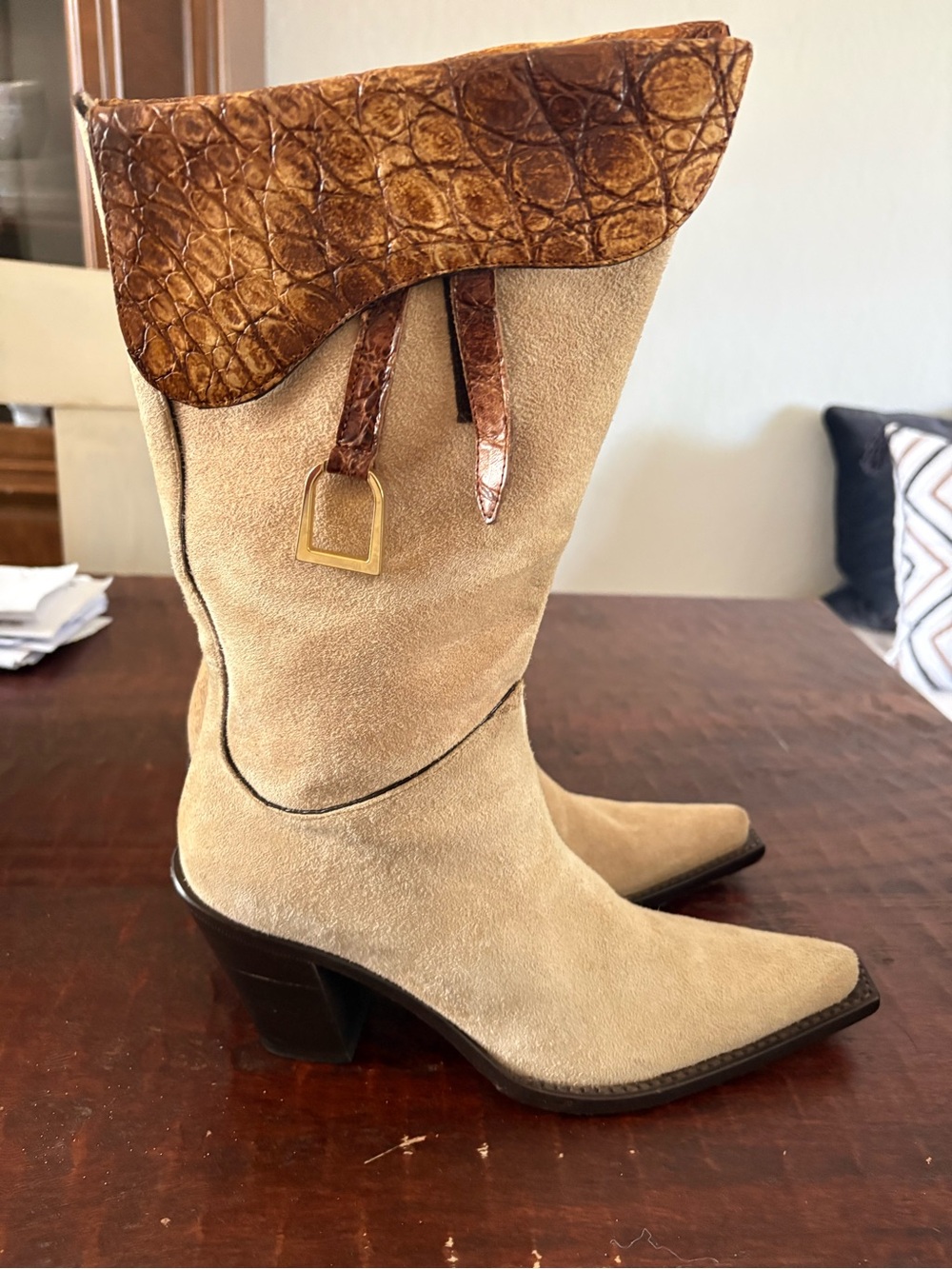 Nando Muzi Beige Suede Western Boots with Brown Croc-Texture Cuff
